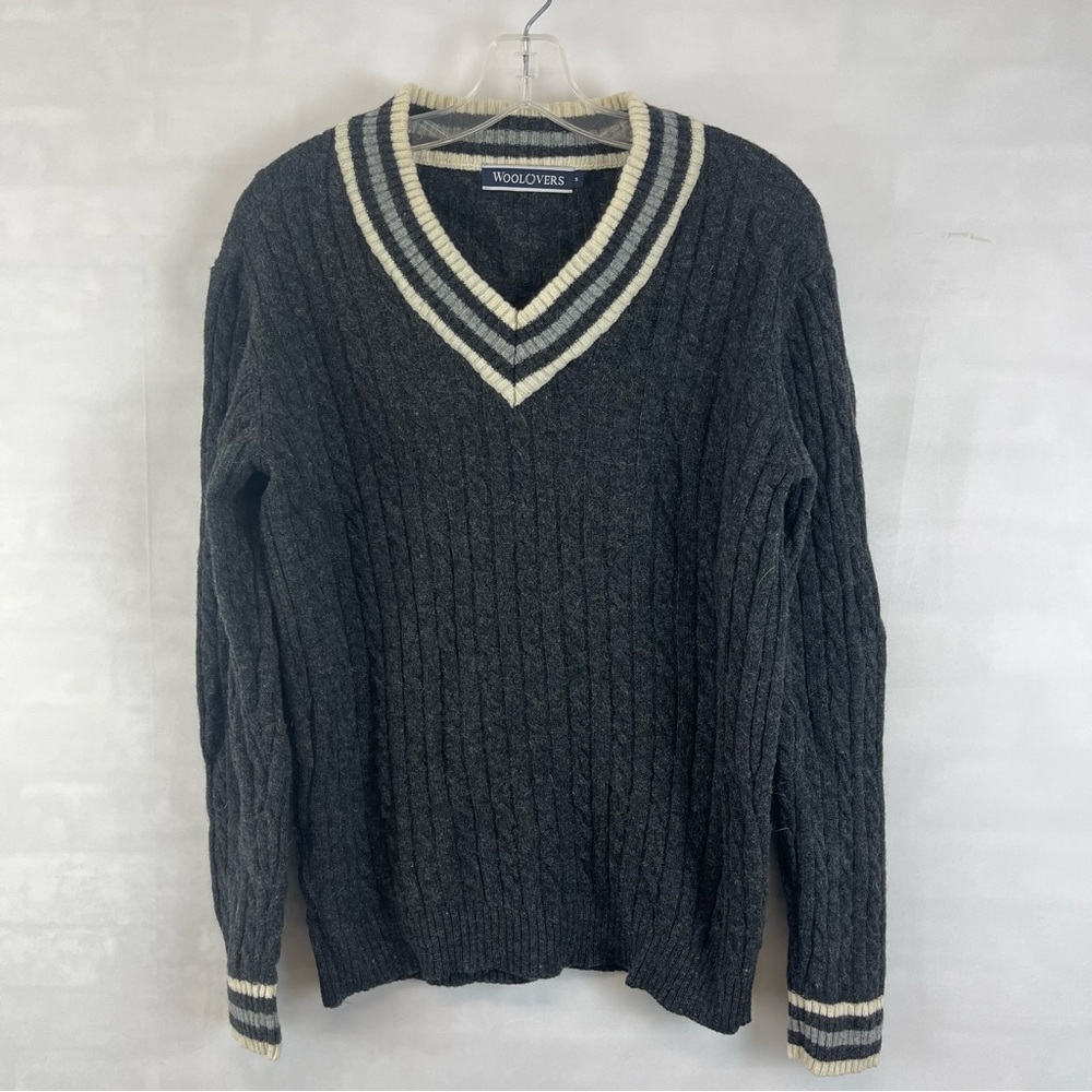 WoolOvers 100% Pure Wool V-Neck Cable Knit Sweater Size‎ S Gray Cream Trim